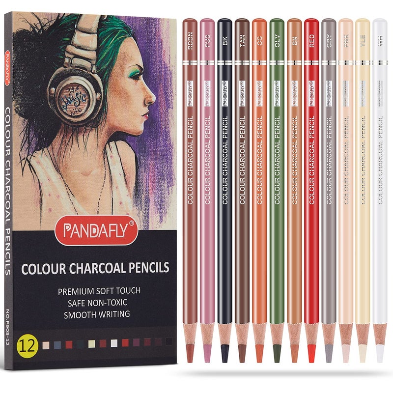 PANDAFLY Professional Colored Charcoal Pencils Drawing Set  Skin Tone Colored Pencils  Pastel Chalk Pencils for Sketching  Shading  Coloring  Layering & Blending  12 Colors - Image 1